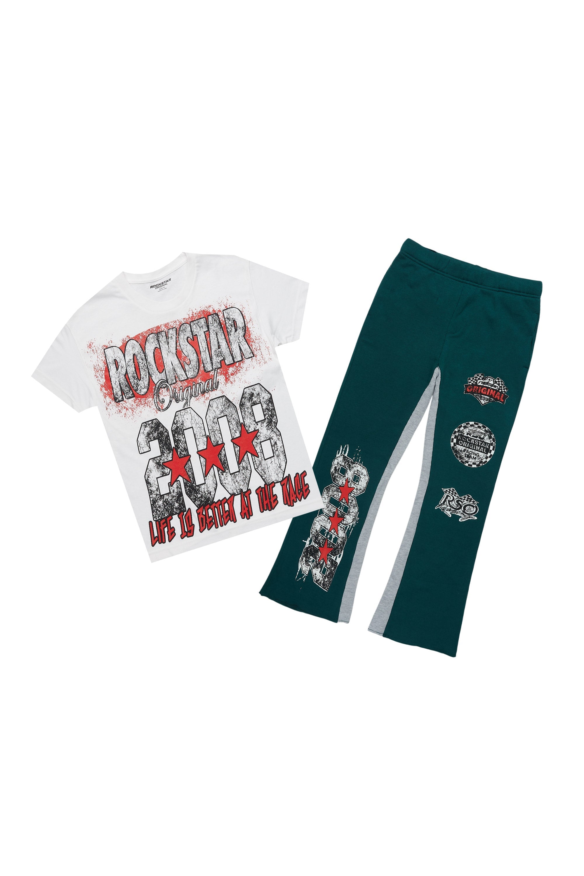 Boys Racing Grung White/Dark Green T-Shirt/Baggy Stacked Pant Set