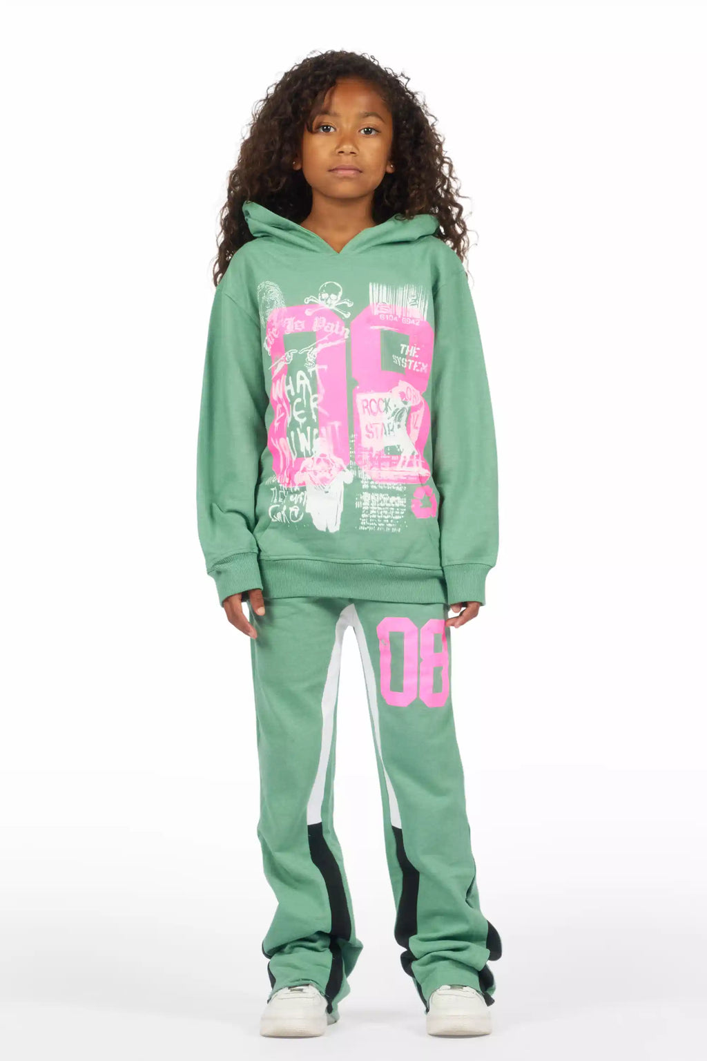 Girls Kammy Sage/Pink Hoodie Stacked Track Set