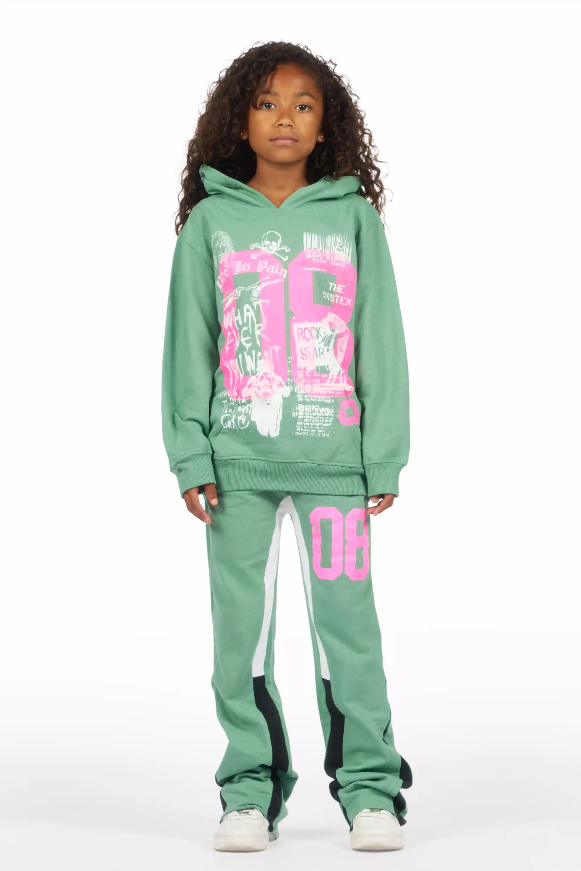 Girls Kammy Sage/Pink Hoodie Stacked Track Set