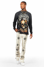 Dancho Beige Patchwork Super Stacked Flare Jean