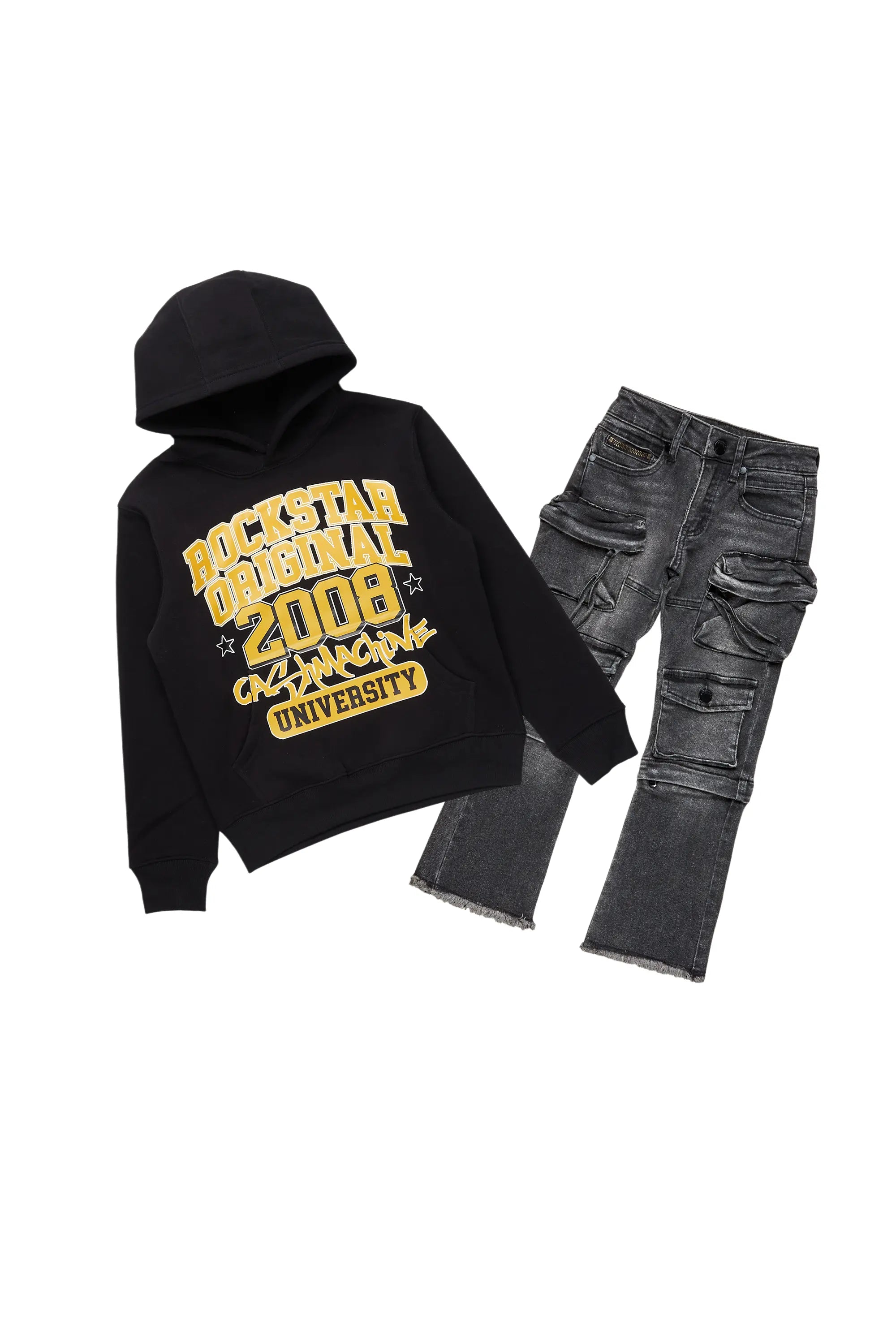 Boys University Black Hoodie/Stacked Flare Jean Set