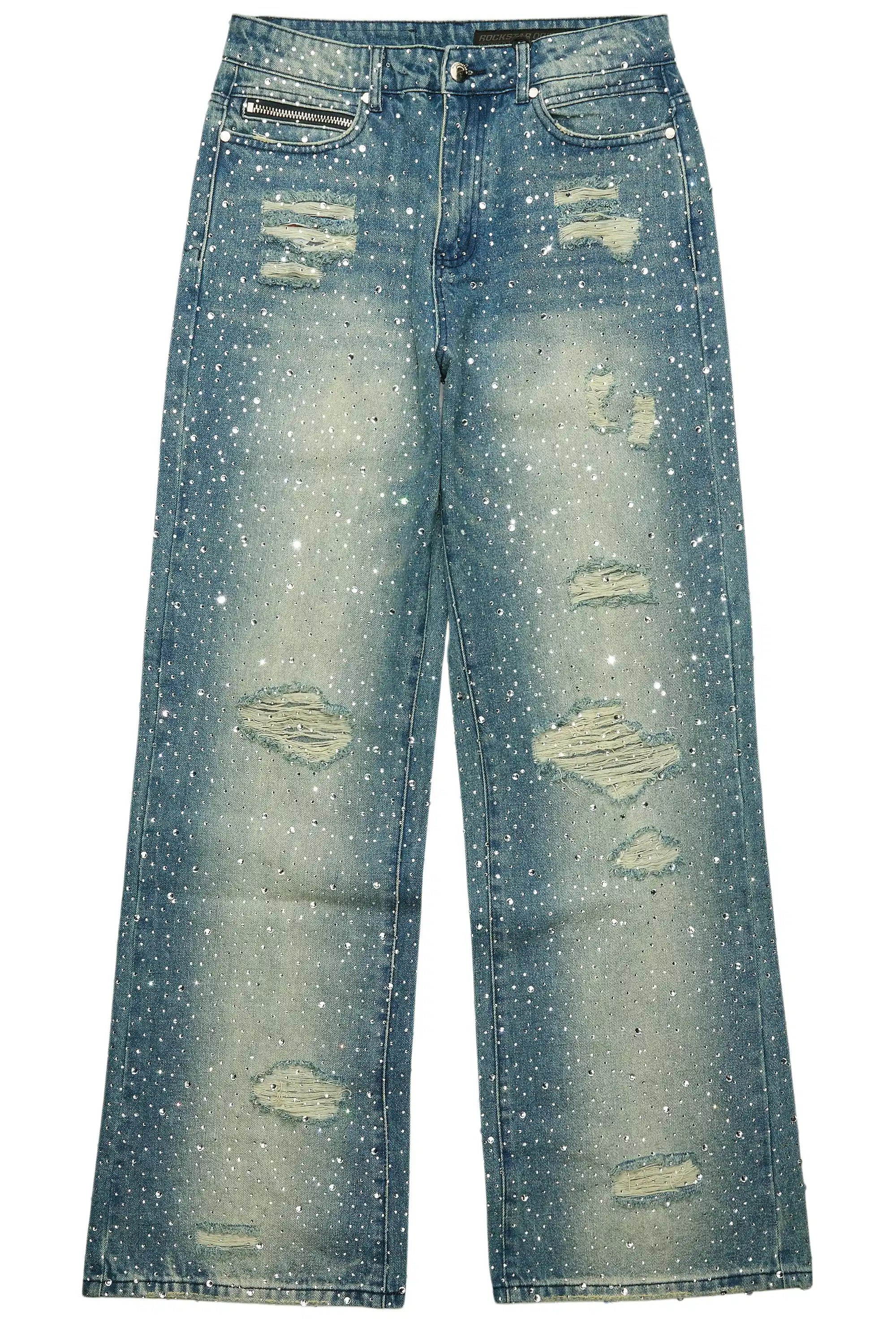 Discolite Rhinestone Medium Blue Baggy Jean