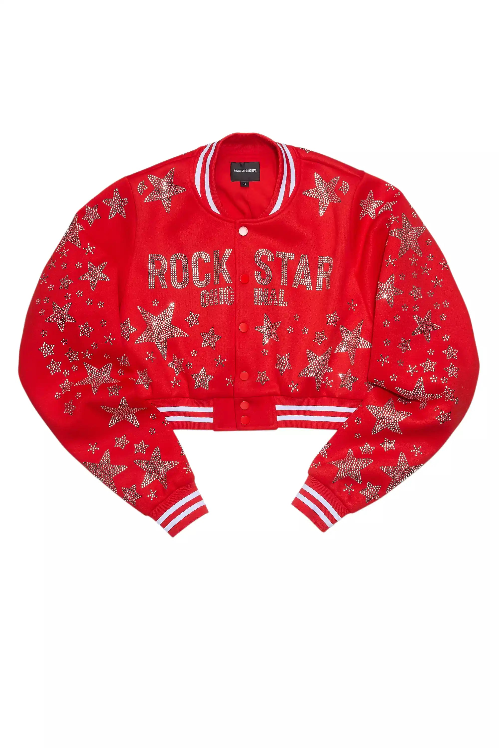 Shanda Red Crop Rhinestone Varsity Jacket
