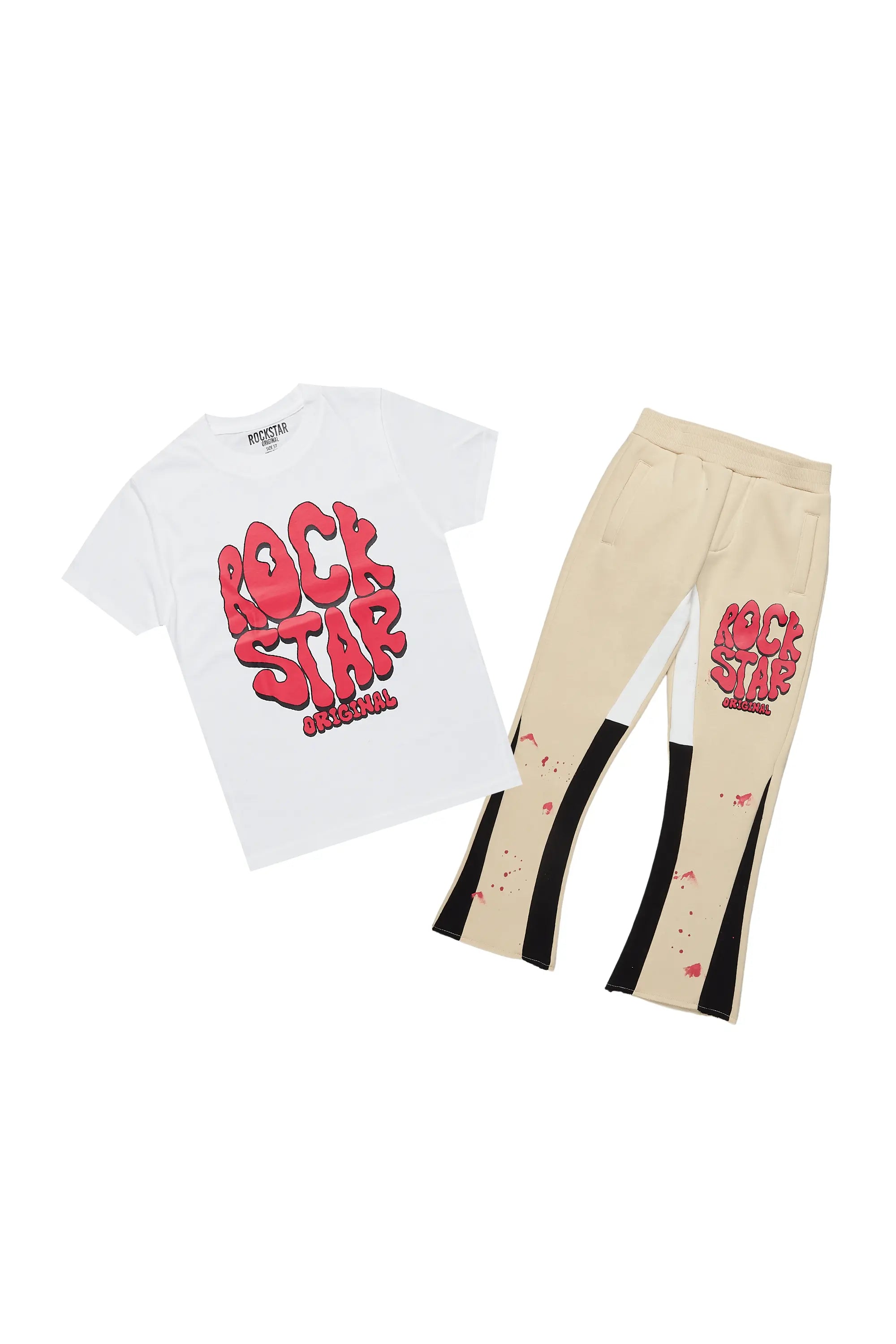 Girls Cassia Beige/White T-Shirt Stacked Set