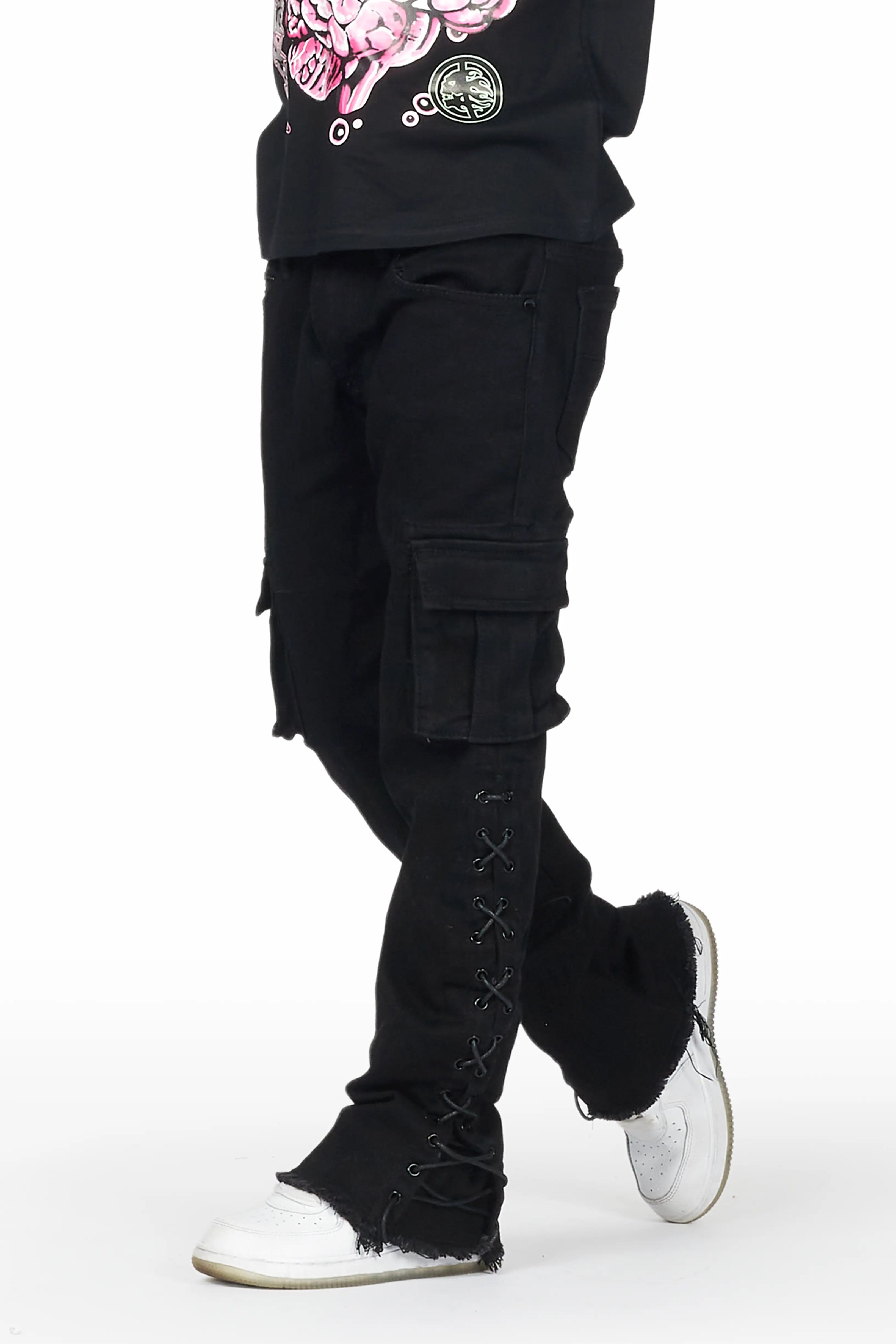 Boys Raine Black T-Shirt/Stacked Flare Cargo Jean