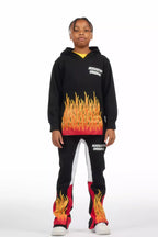 Boys Roeland Black/Red Stacked Flare Pant Set