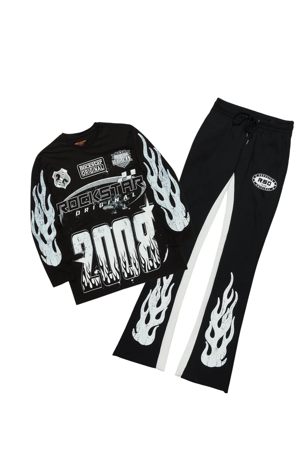 Amos Black/White Long Sleeve T-Shirt/Stacked Baggy Pant Set