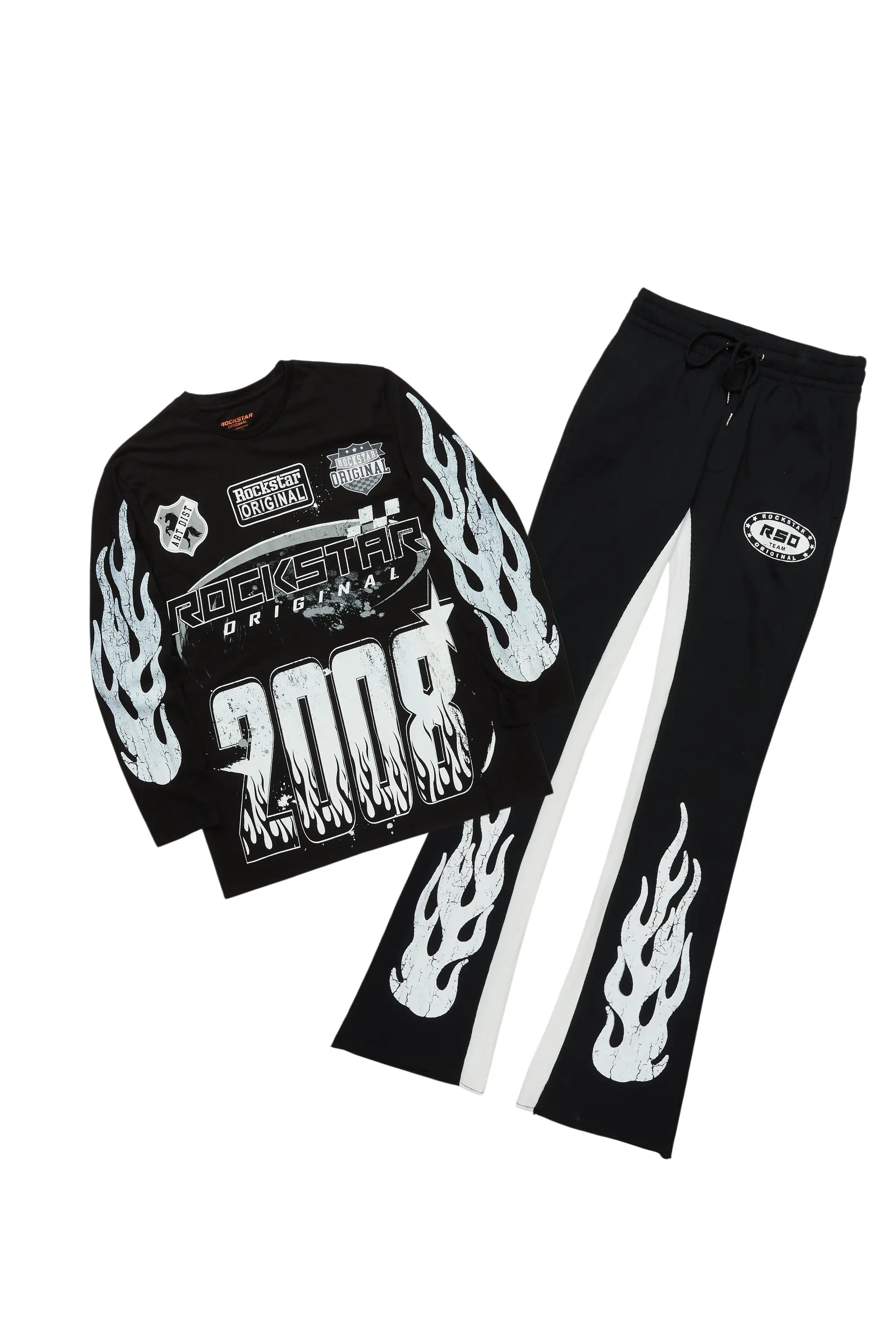 Amos Black/White Long Sleeve T-Shirt/Stacked Baggy Pant Set