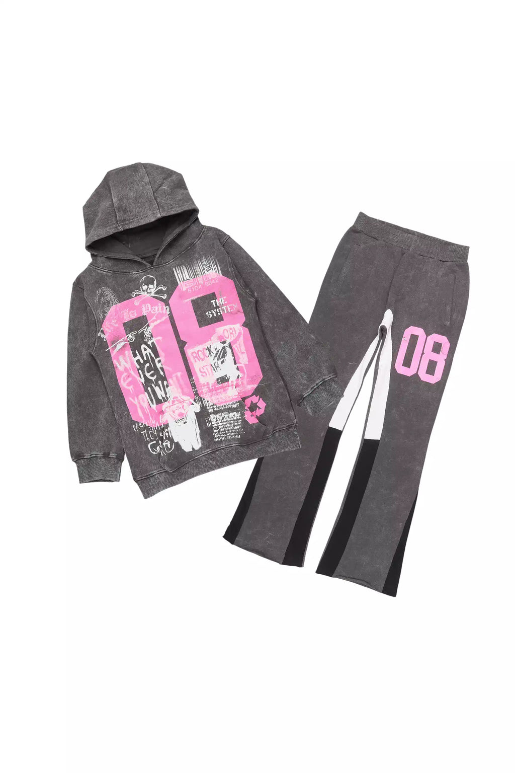 Girls Kammy Vintage Grey/Pink Hoodie Stacked Track Set
