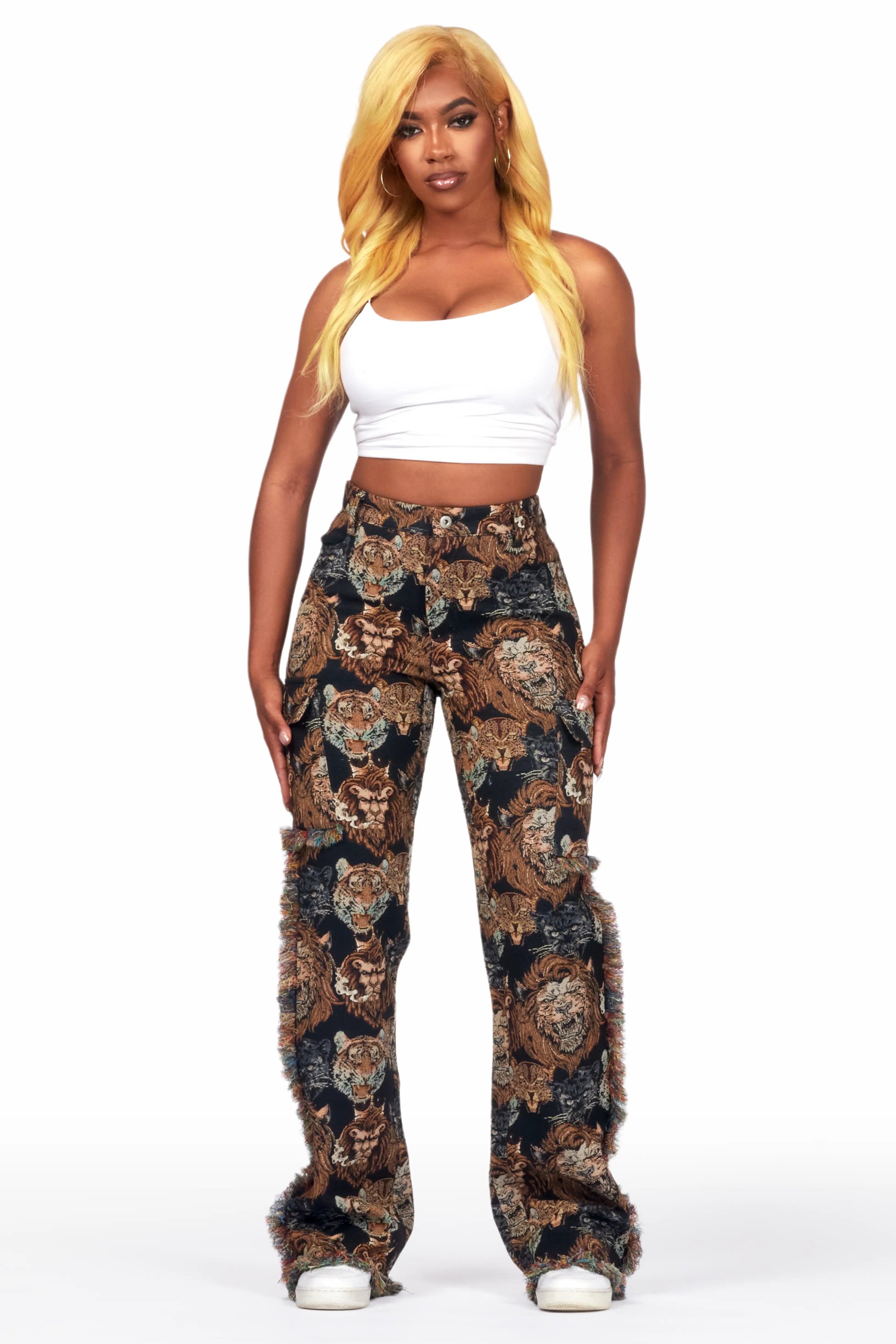 Khadiyah Black Animal Print Tapestry Stacked Pant