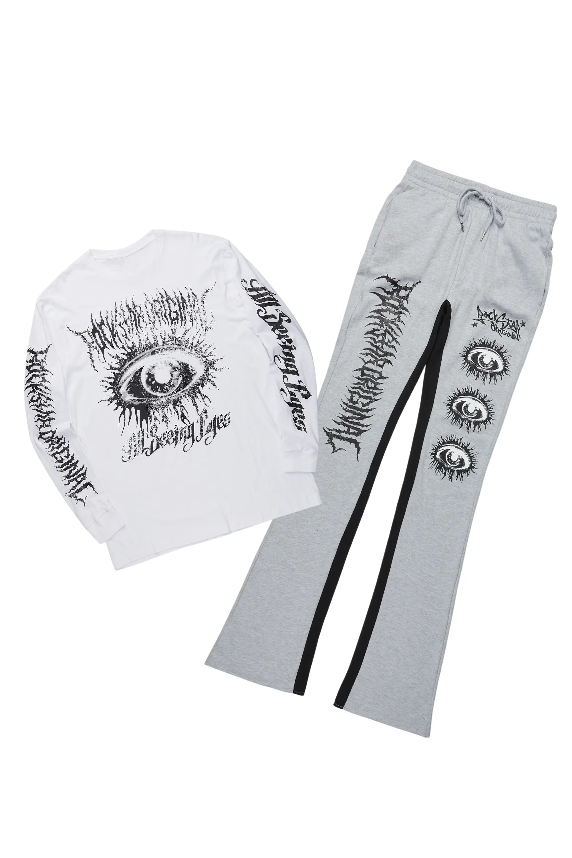 All Seeing Eyes White/Grey Long Sleeve T-Shirt/Baggy Pant Set