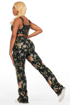 Marionna Black Tapestry Stacked Pant