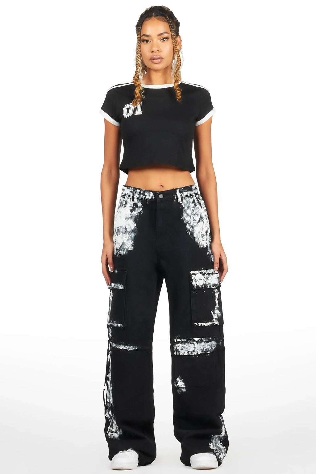 Roniqua Black Painted Baggy Cargo Jean