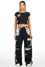 Roniqua Black Painted Baggy Cargo Jean