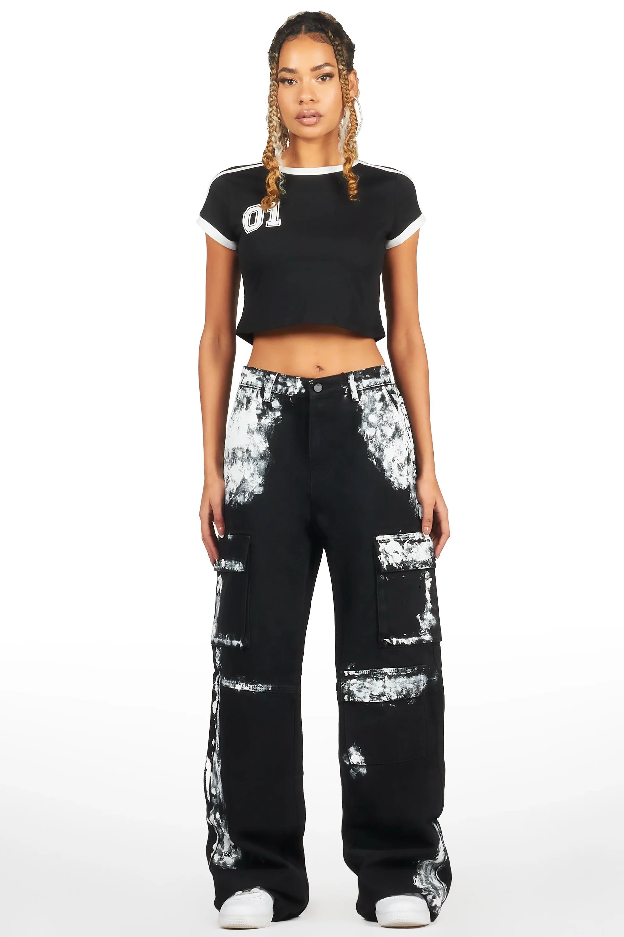 Roniqua Black Painted Baggy Cargo Jean