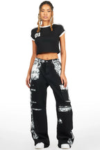 Roniqua Black Painted Baggy Cargo Jean