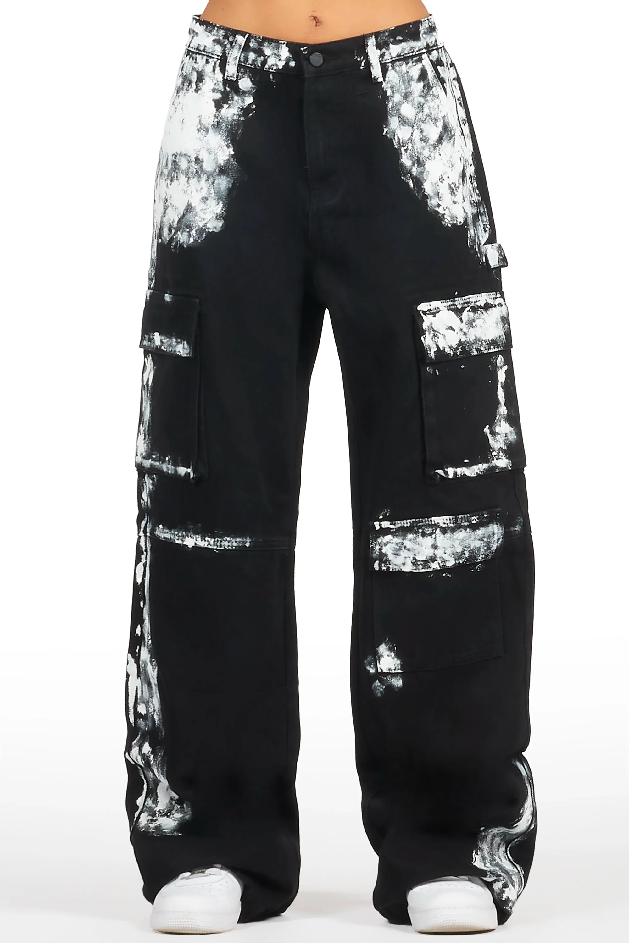 Roniqua Black Painted Baggy Cargo Jean