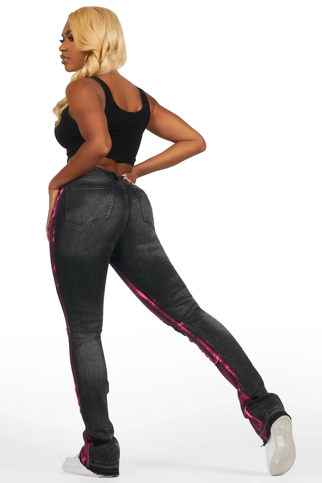 Keenana Black Painted Stacked Flare Jean