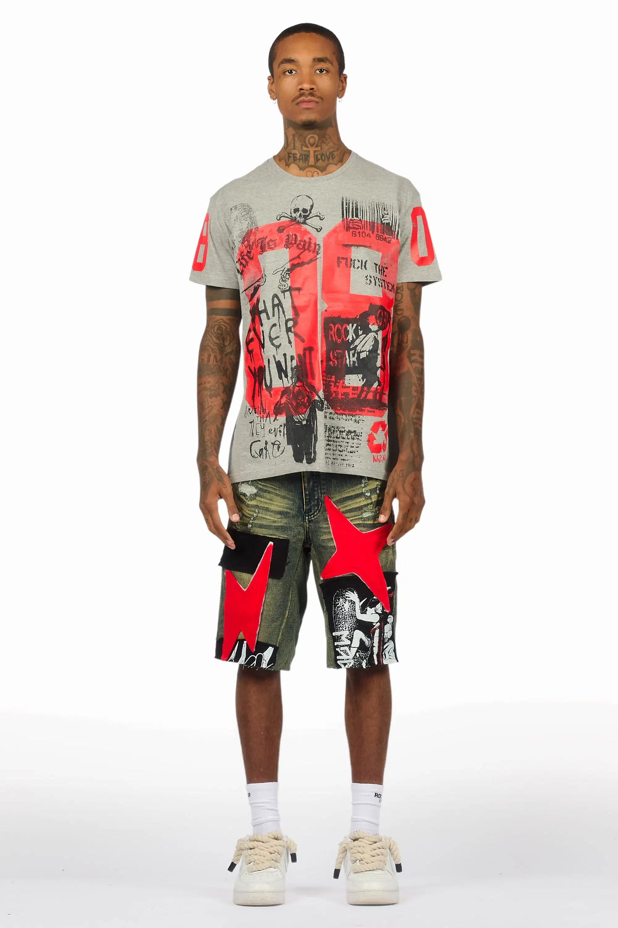 Grill Heather Grey/Red T-Shirt/Denim Short Set