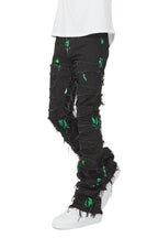 Gideon Black/Green Super Stacked Flare Jean