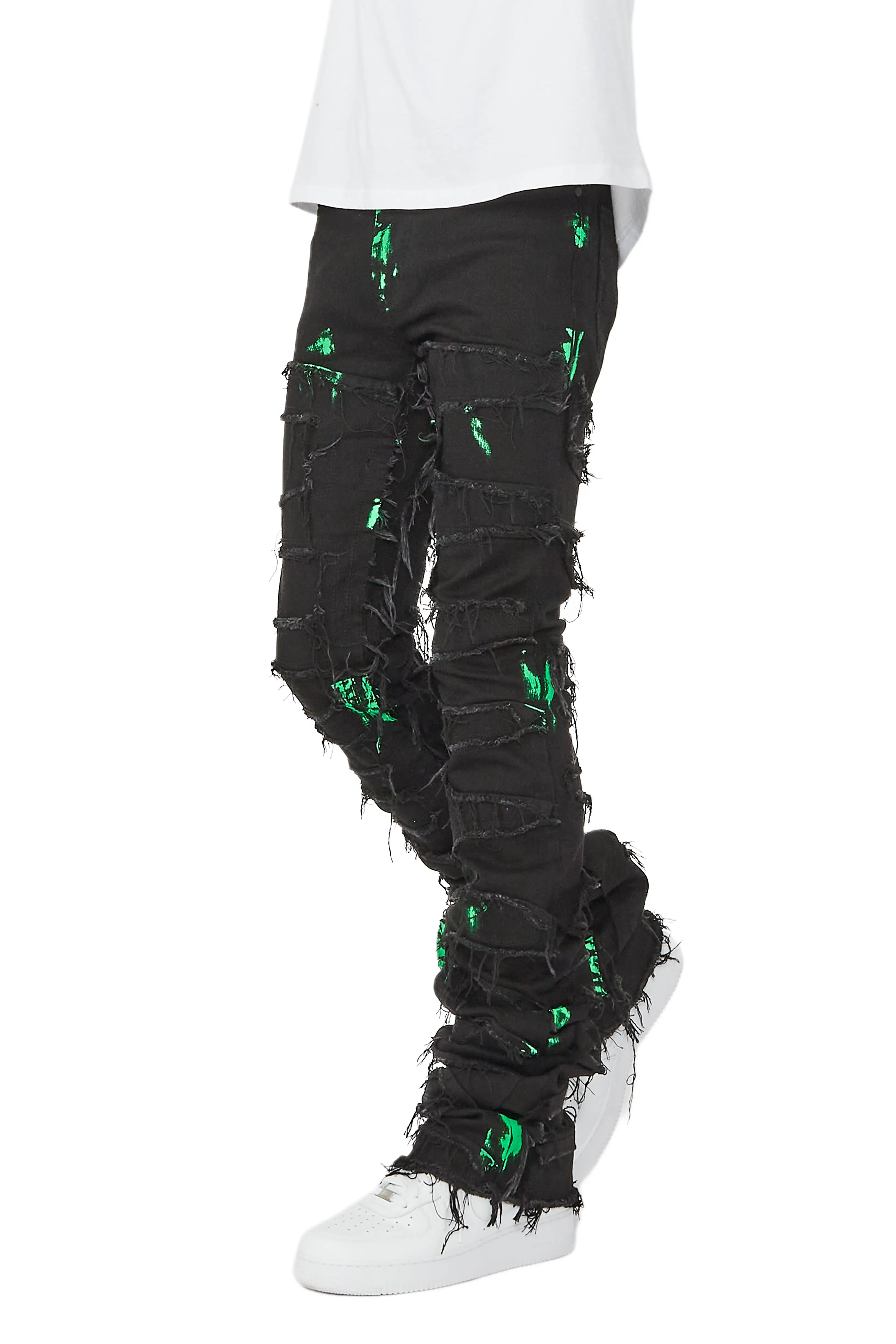 Gideon Black/Green Super Stacked Flare Jean