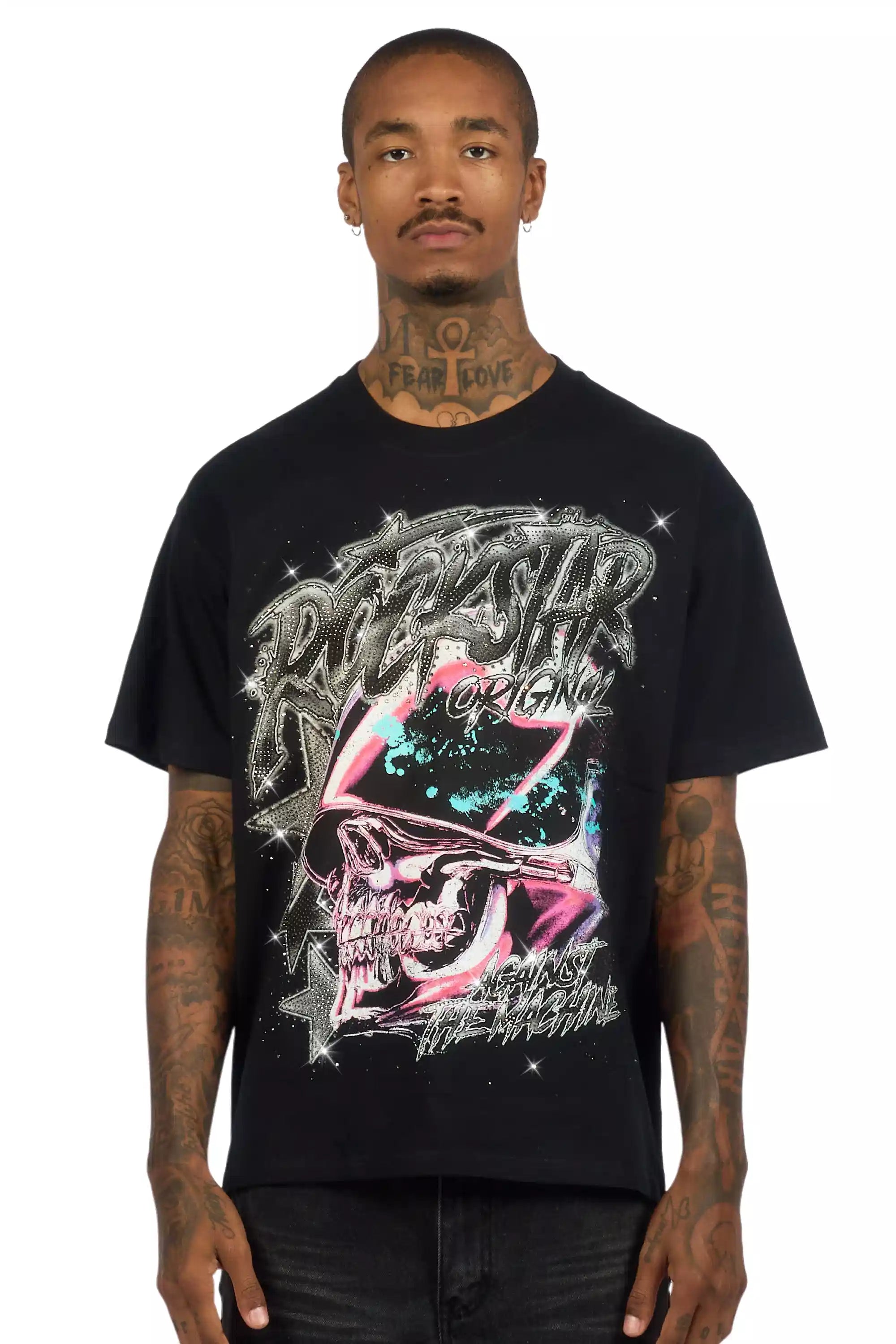 Outerworld Black Graphic Rhinestone T-Shirt