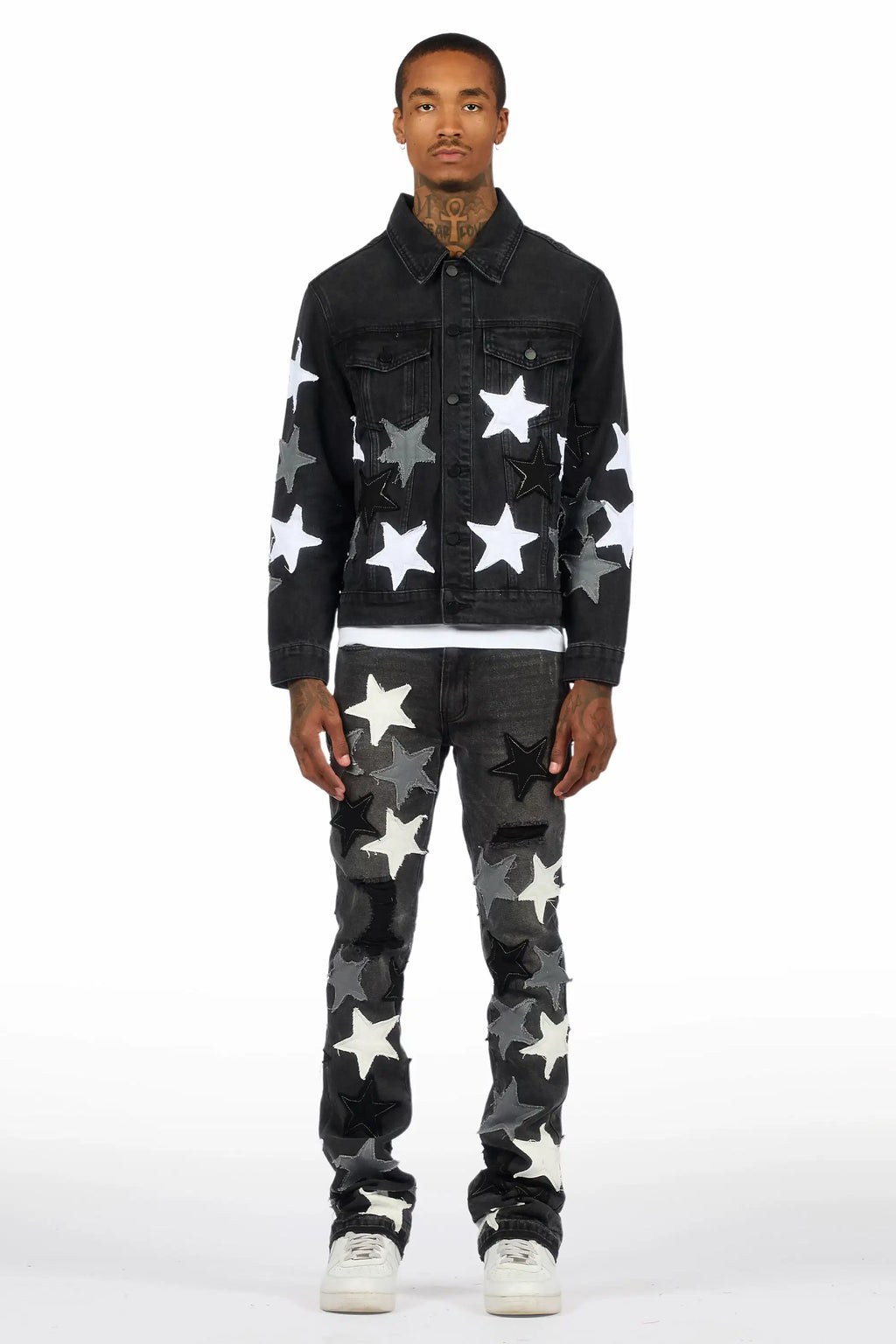 Starlane Jet Black Denim Jacket/Stacked Flare Jean Set