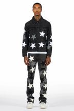 Starlane Jet Black Denim Jacket/Stacked Flare Jean Set