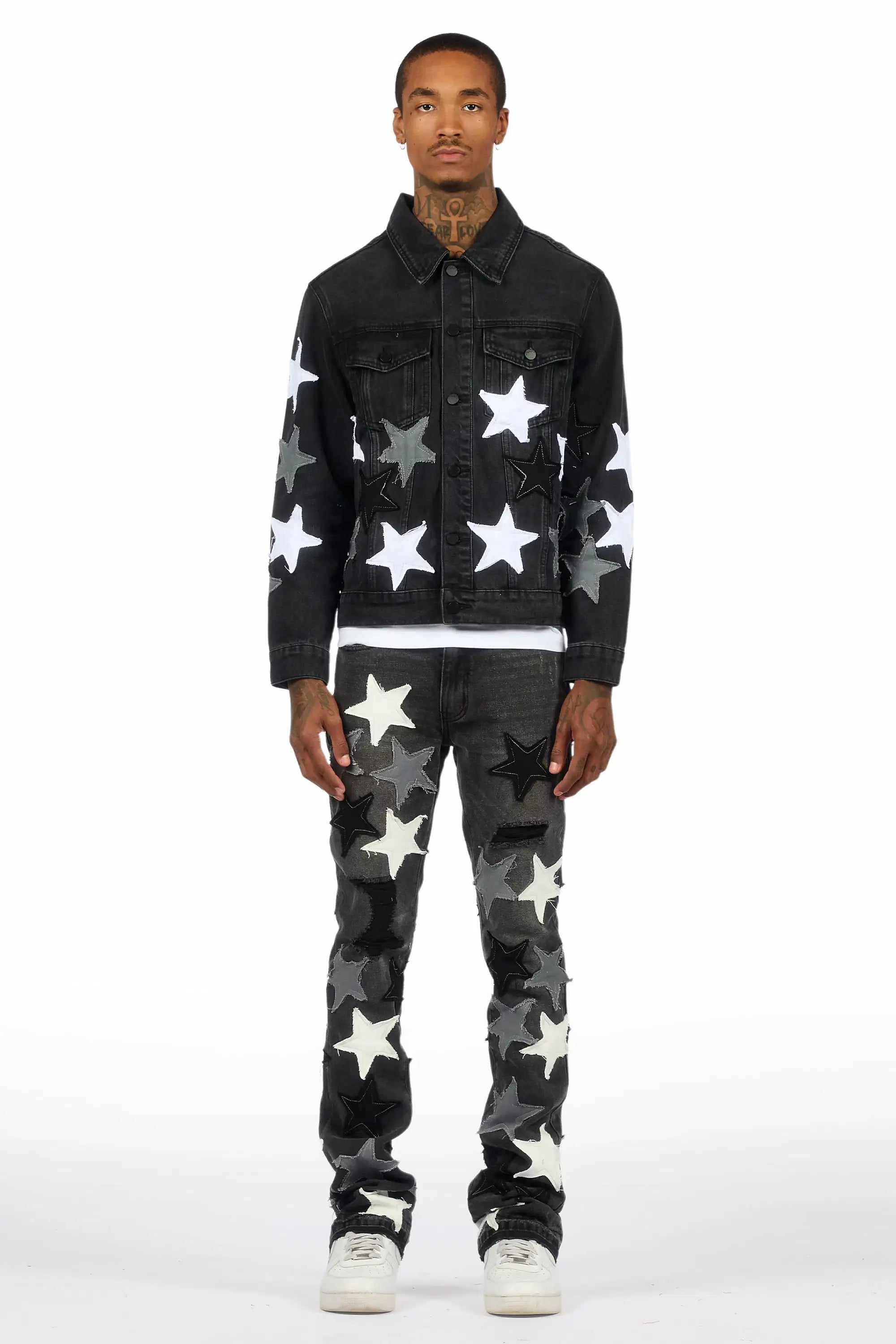 Starlane Jet Black Denim Jacket/Stacked Flare Jean Set