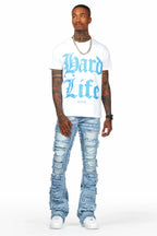 Hard Life White T-Shirt & Arne Blue Stacked Flare Jean Bundle