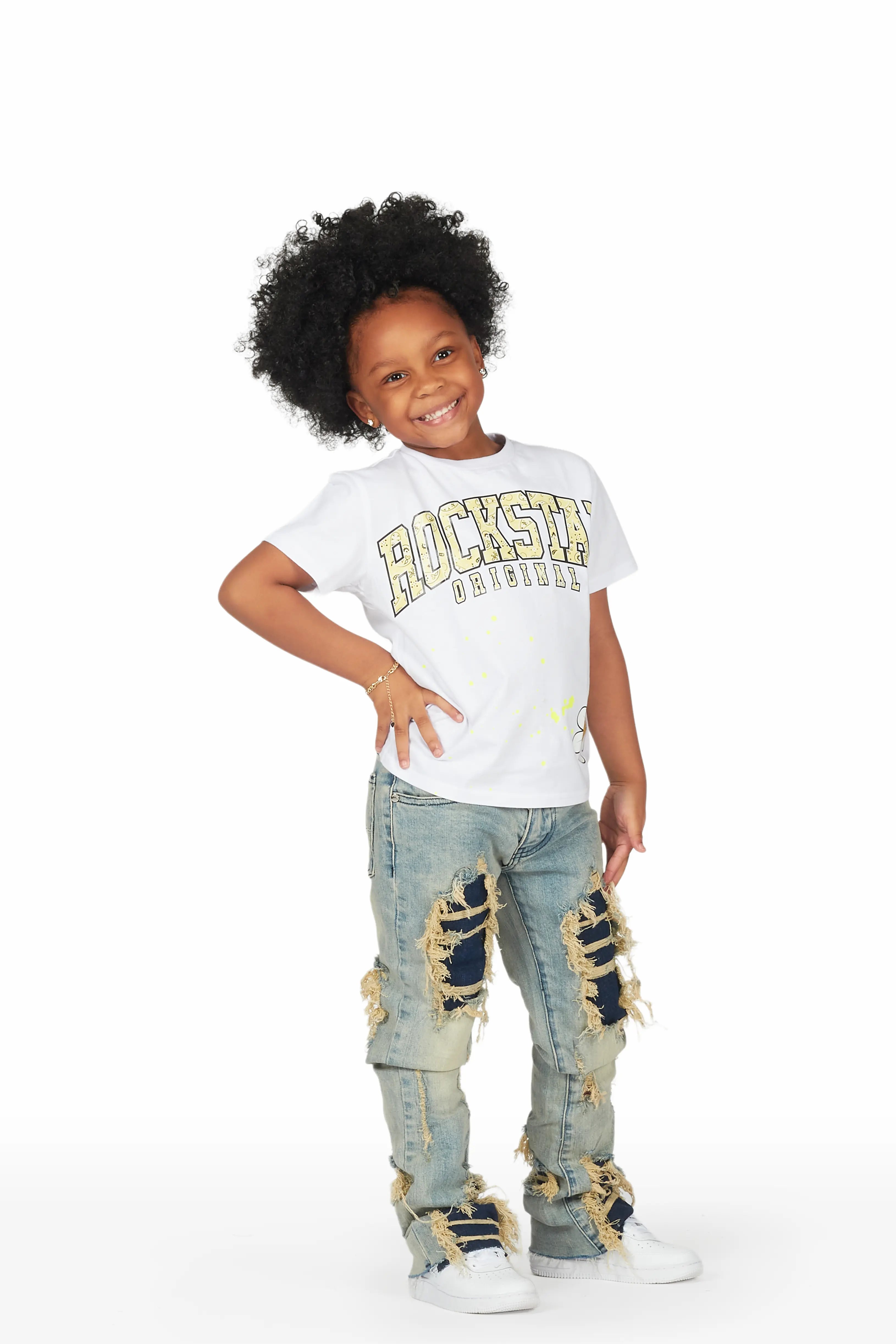 Girls Indie White/Blue T-Shirt/Stacked Flare Jean Set