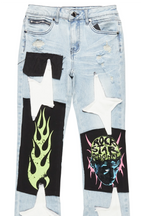 Boys Edgar Blue Patchwork Stacked Flare Jean