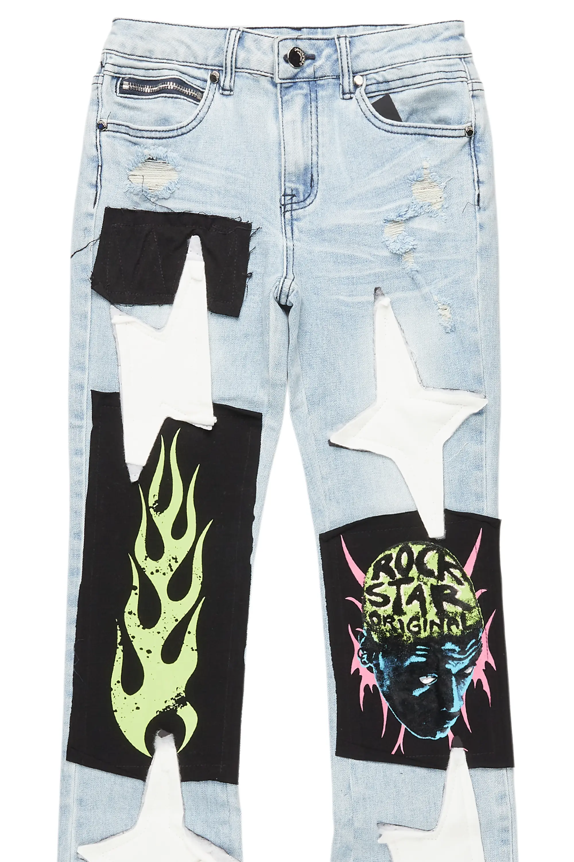 Boys Edgar Blue Patchwork Stacked Flare Jean