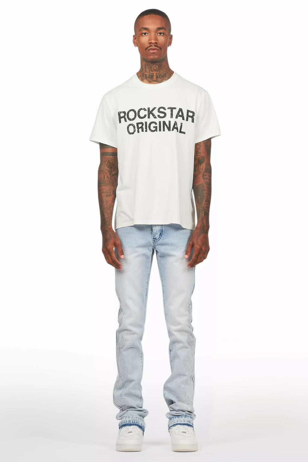 Jian Light Blue Rhinestone Stacked Flare Jean