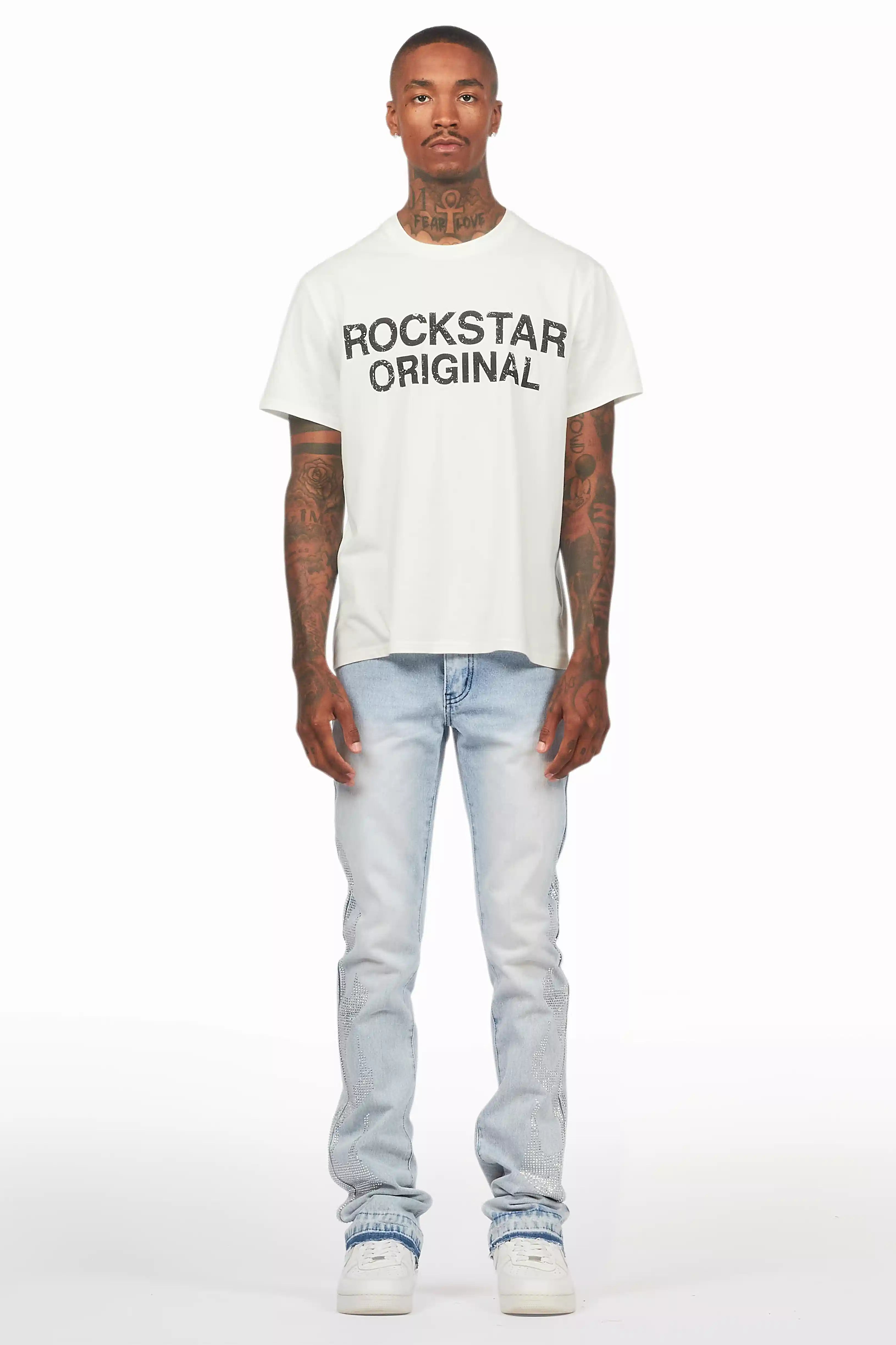 Jian Light Blue Rhinestone Stacked Flare Jean