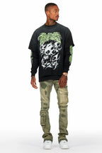 Zaxton Green Stacked Flare Jean