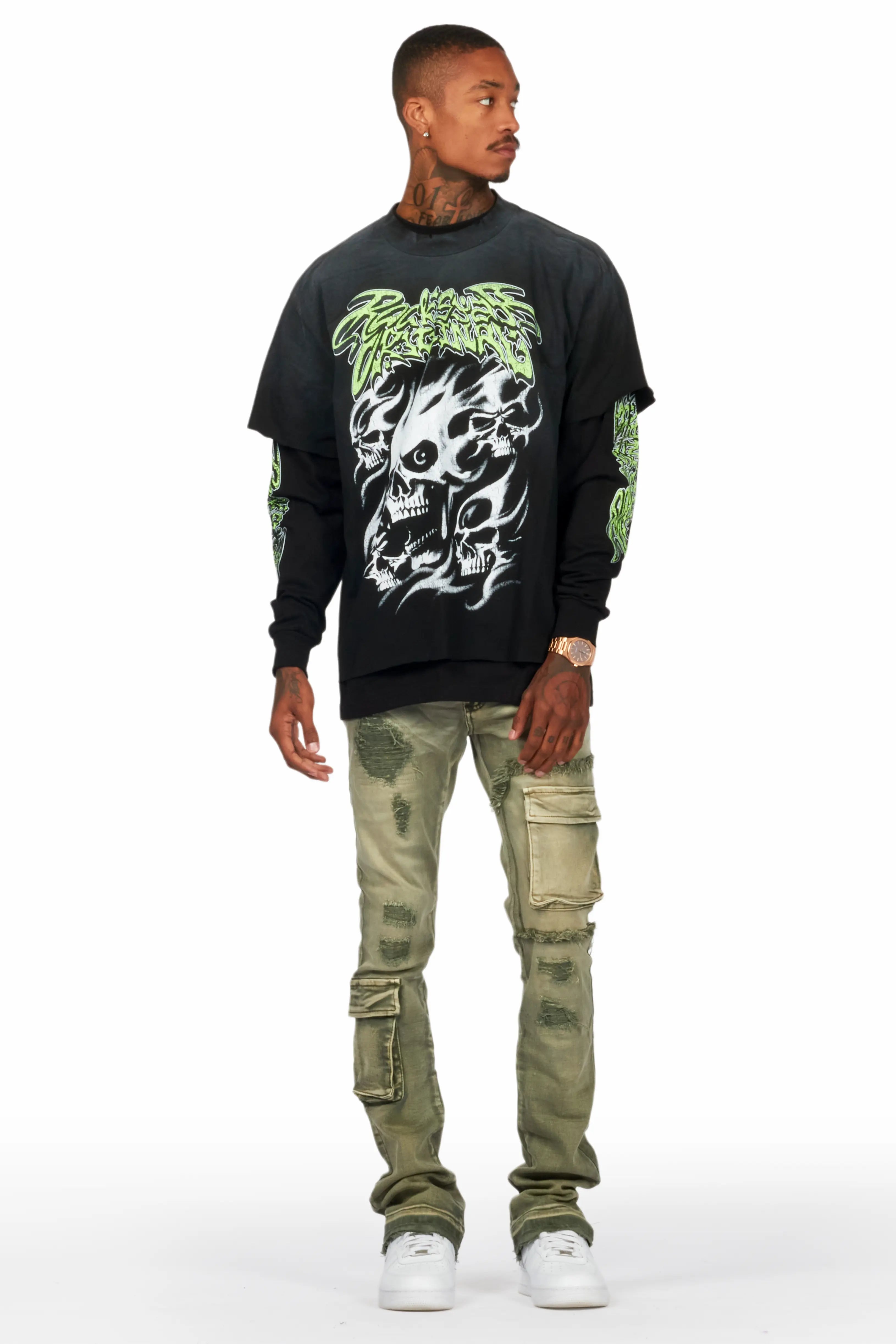 Zaxton Green Stacked Flare Jean