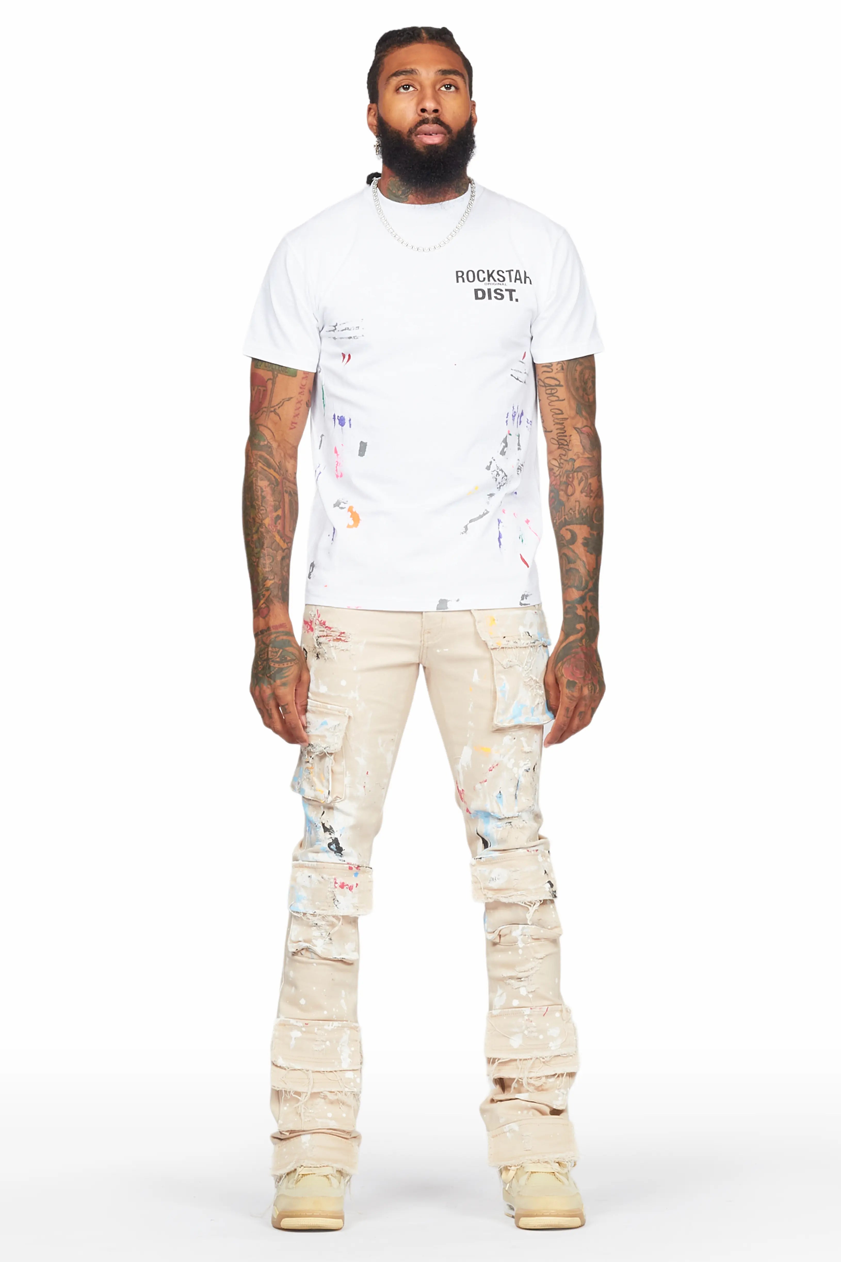Orien Beige Painter Stacked Flare Jean