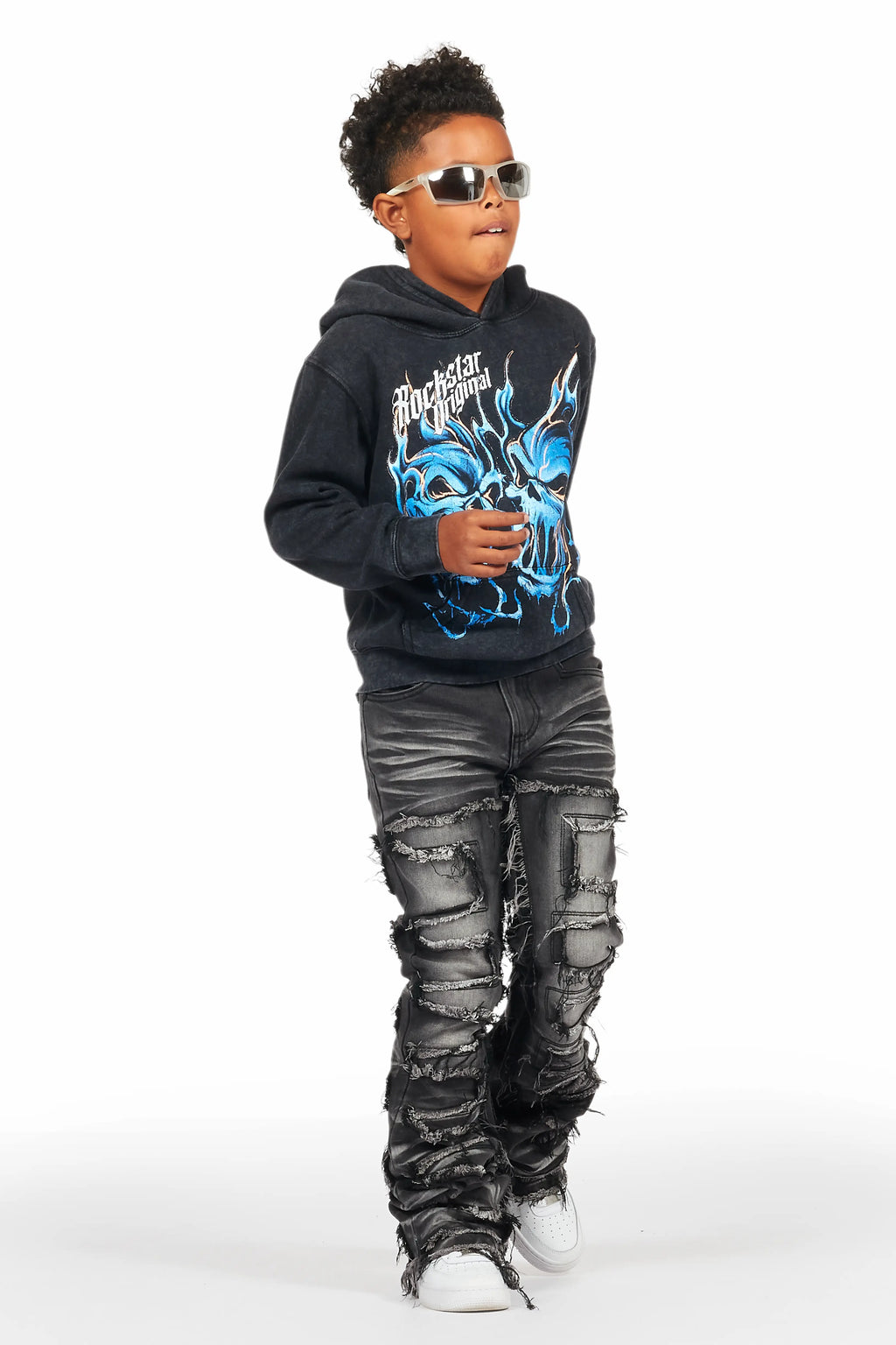 Boys Texastea Vintage Black Hoodie/Stacked Flare Jean Set