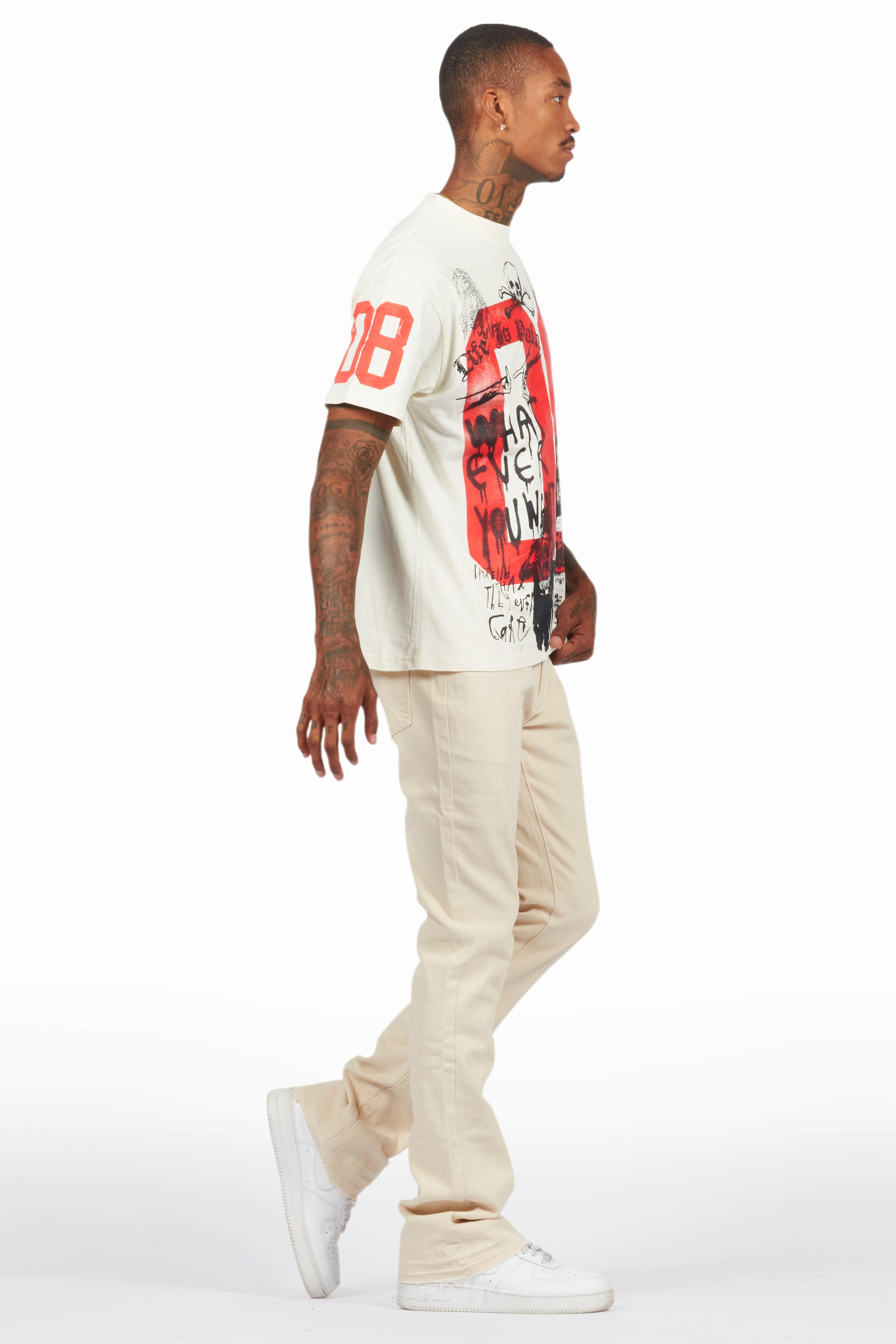 Grill Vintage Sand Oversized Graphic T-Shirt/Dag Stacked Flare Jean Set