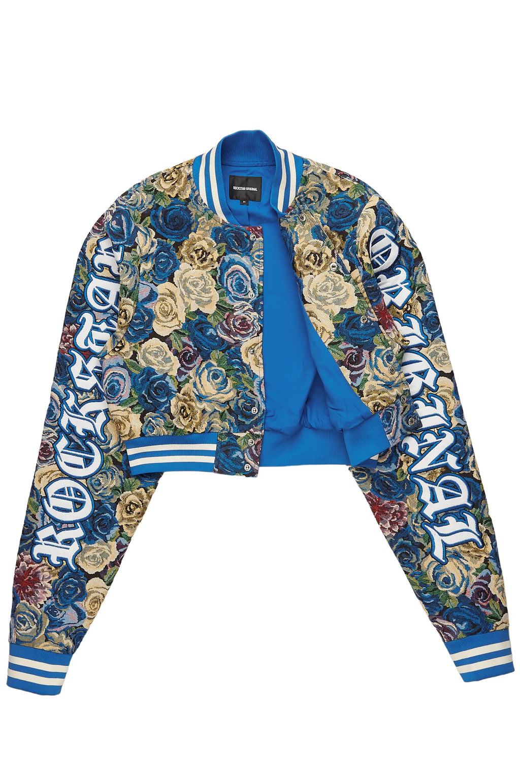 Darresha Blue Crop Tapestry Varsity Jacket