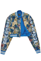 Darresha Blue Crop Tapestry Varsity Jacket