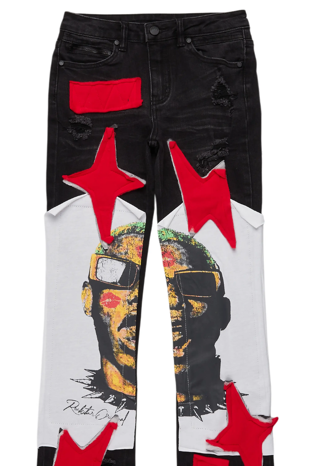Boys Savage Black/Red Patchwork Stacked Flare Jean