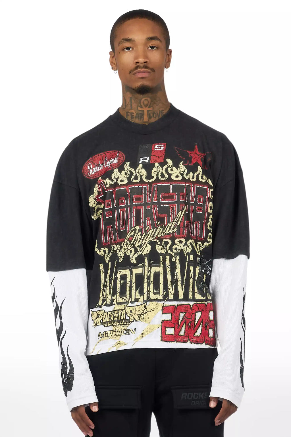 Deangelo Vintage Black/Red Boxy Crop Double Layer Tee