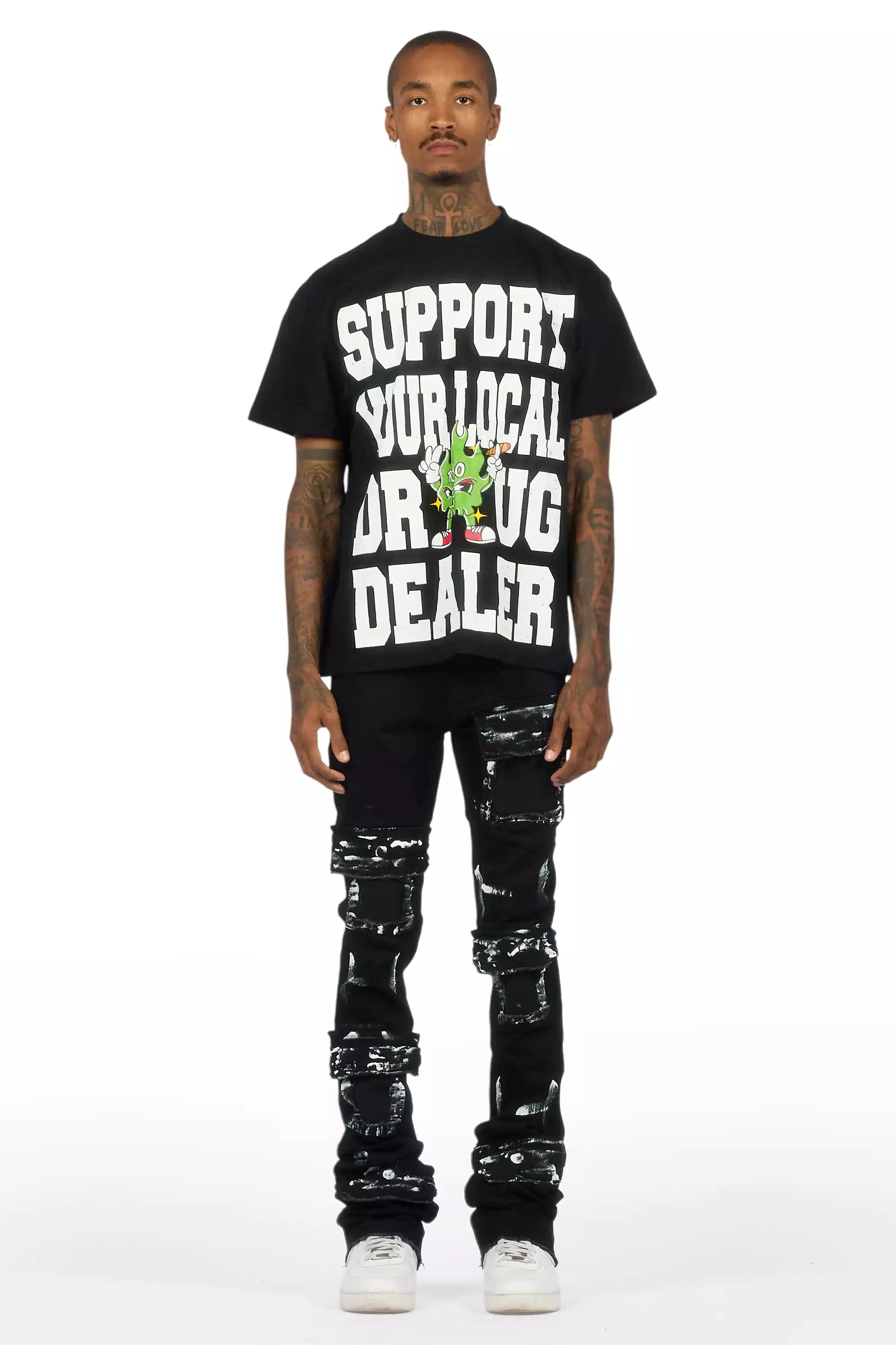 Tarl Black Oversized T-Shirt/Painted Super Stacked Flare Jean Bundle