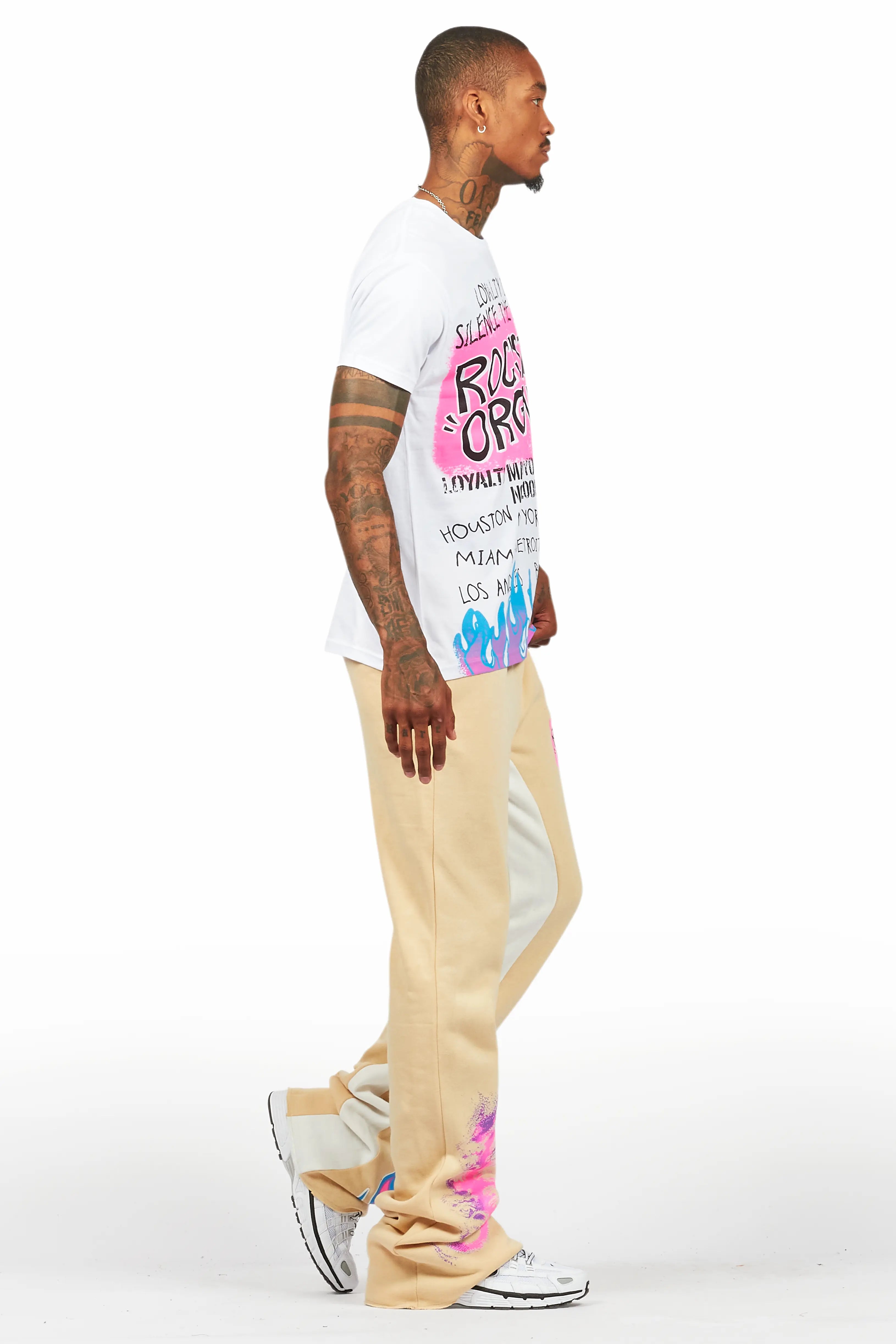 Beno White/Beige T-Shirt/Baggy Stacked Pant Set