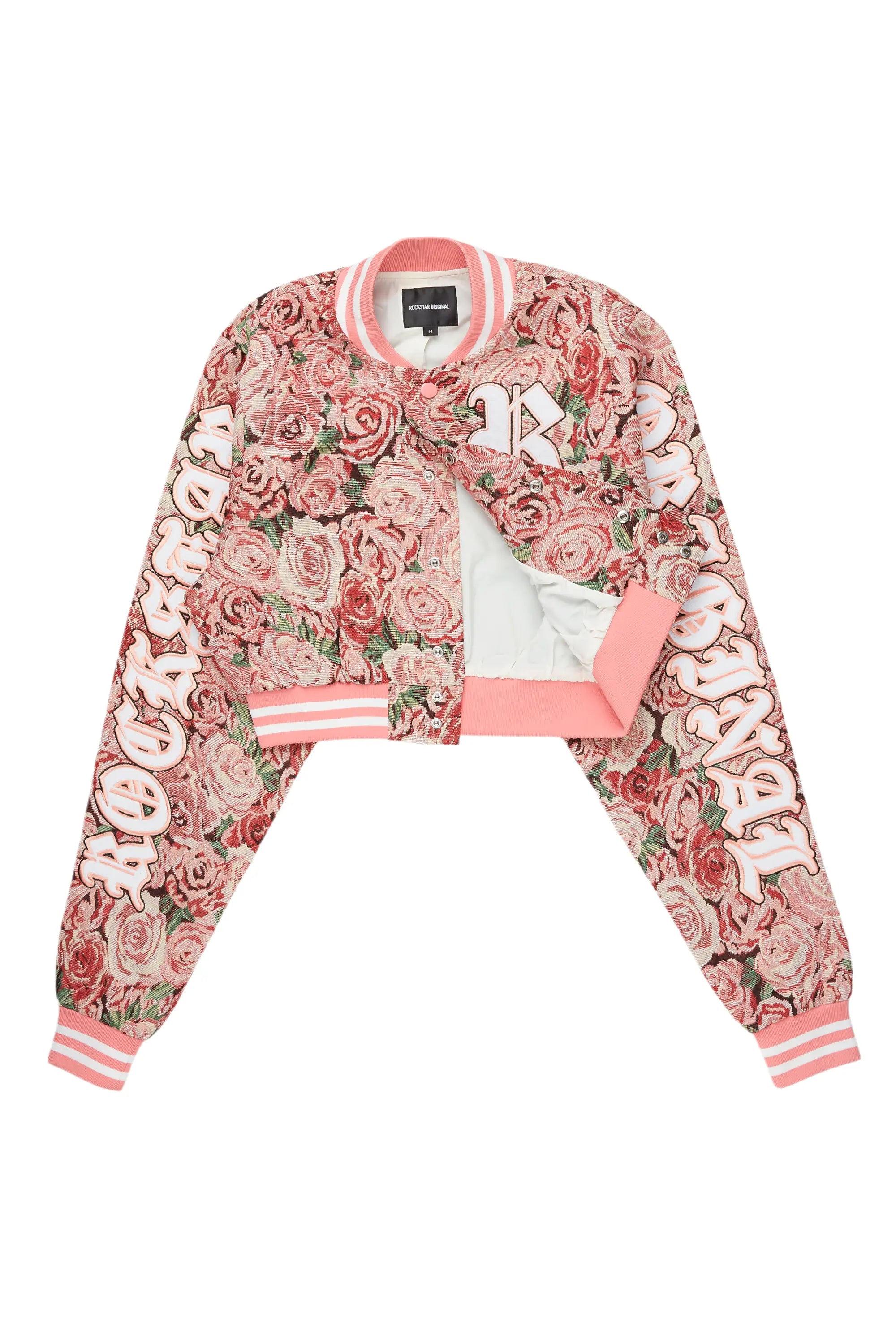 Darresha Pink Crop Tapestry Varsity Jacket