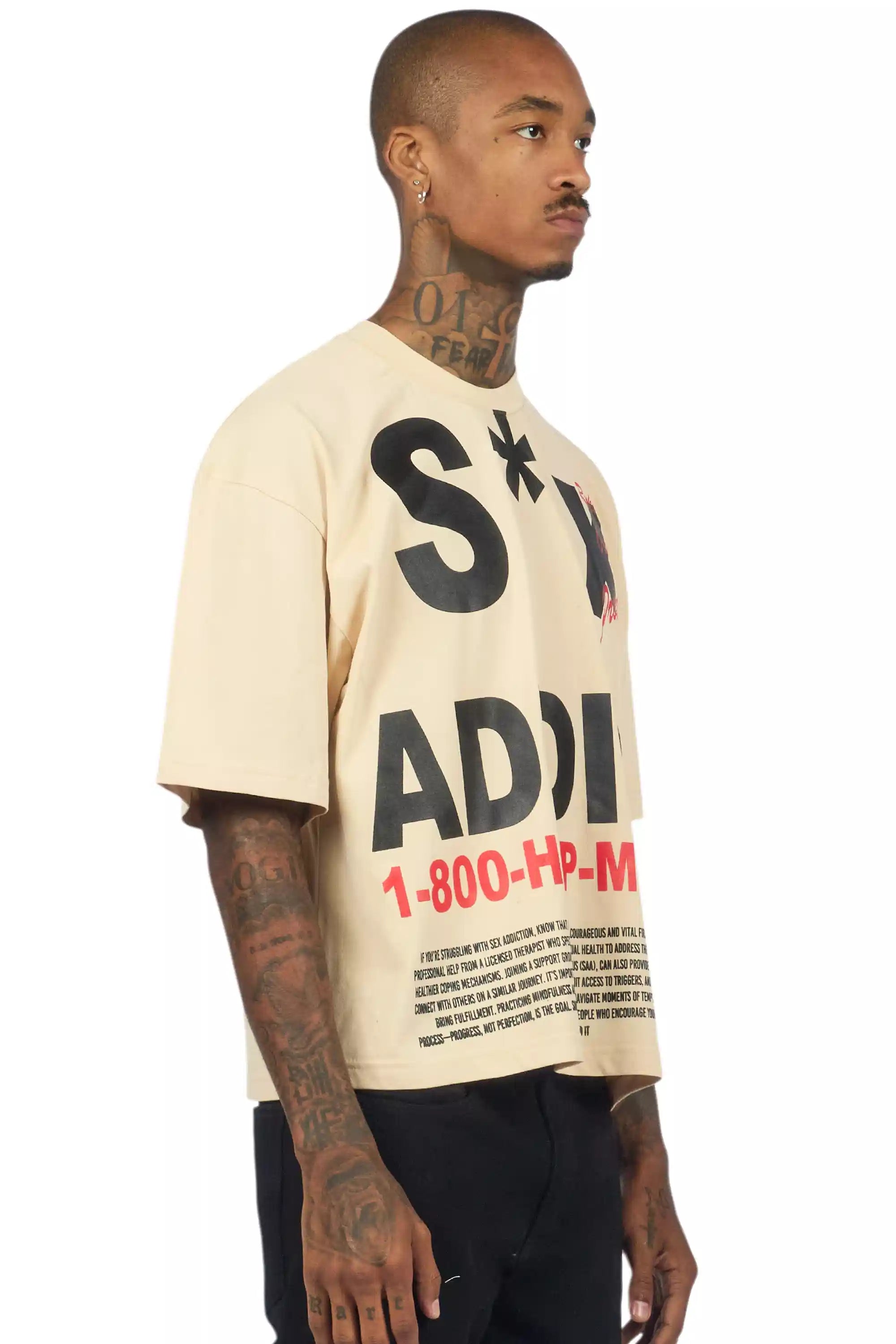 Addict Beige/Black Boxy Crop T-Shirt