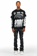 Petrus Jet Black PU Stacked Flare Leather Jean