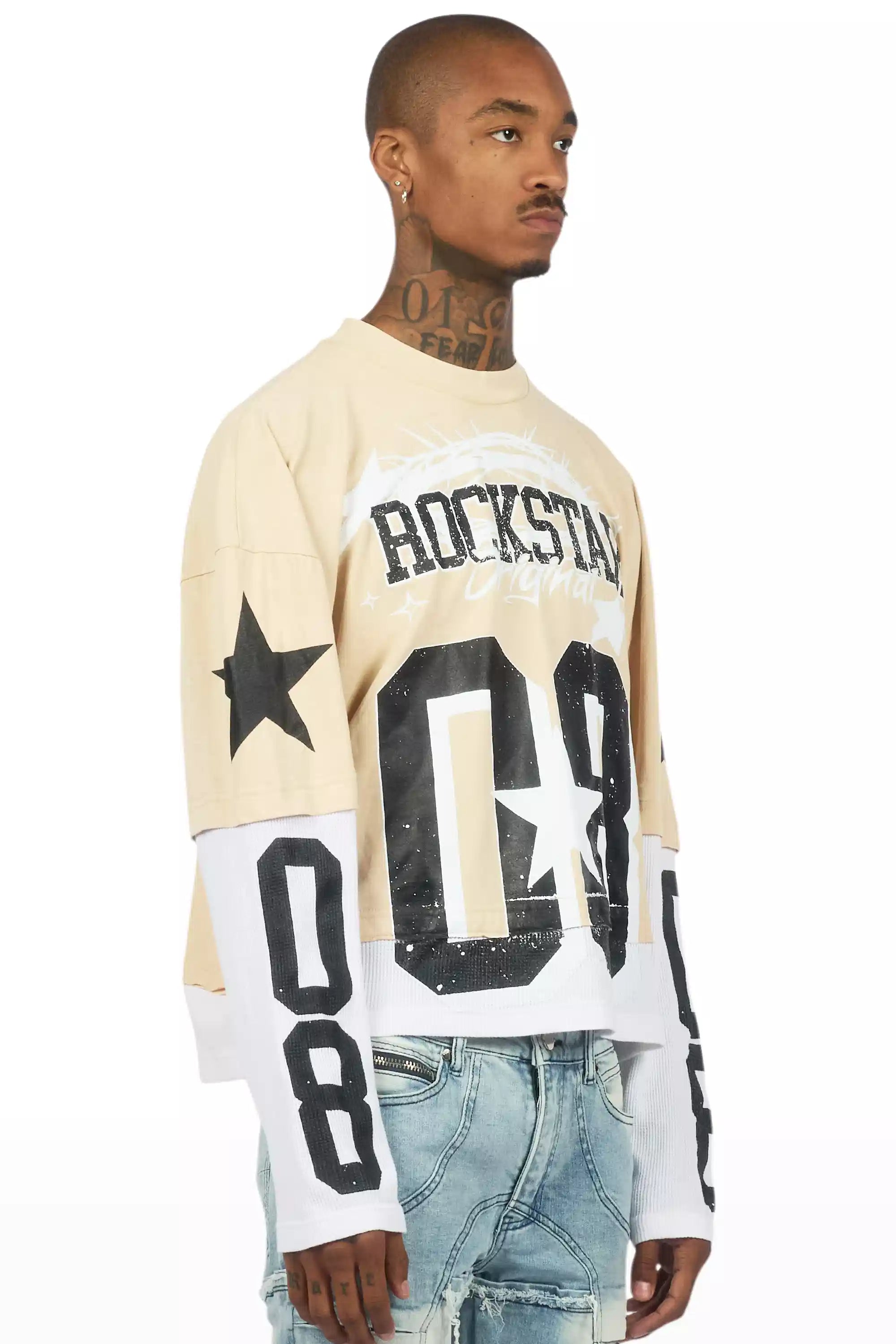 Allstar Beige/Black Boxy Crop Double Layer Tee